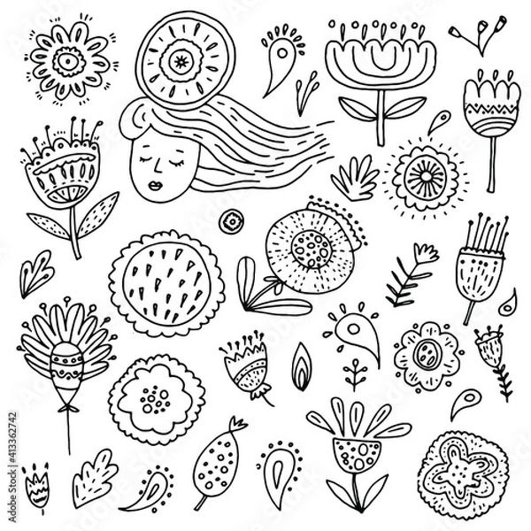 Fototapeta Flowers and patterns in doodle style, sketch and outline.