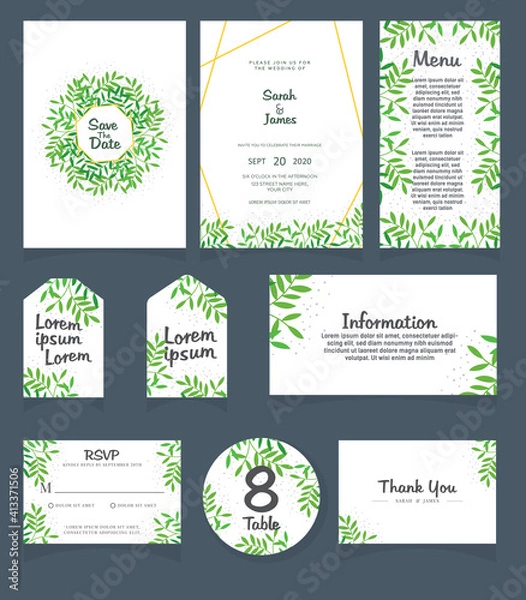 Fototapeta Set of Wedding invitation Vector illustration. card template. Wedding invitation, thank you, save the date, menu, information, RSVP, label, table number and place card design.