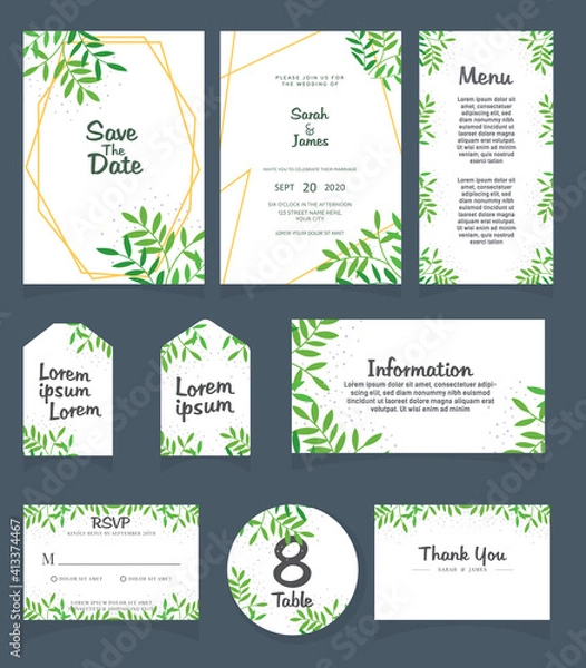 Fototapeta Set of Wedding invitation Vector illustration. card template. Wedding invitation, thank you, save the date, menu, information, RSVP, label, table number and place card design.