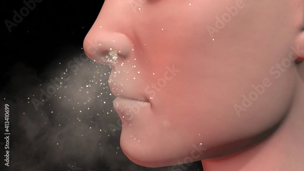 Obraz Human nose inhaling particles , bioaerosols. Scent molecules entering nasal passage of person. 3d render illustration