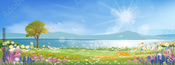 Obraz Panoramic of spring village with lake view and mountains with blue sky,Vector cartoon Spring landscape, Panorama countryside in the morning in summer with bright light from sun and reflection on water