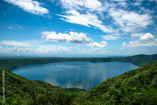 Fototapeta Laguna de Apoyo Mirador de Catarina beautiful view on Lagoon and Lake Nicaragua Cocibolca in the background and blue sky Central America