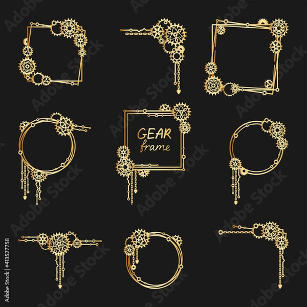Fototapeta Set of golden frames, corners and borders with gears, cogwheels and chains on a black background. Mechanism. Steampunk. Decorative elements for a stylish holiday greeting card, banner, poster, signage