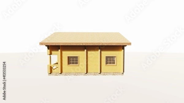 Fototapeta beautiful tiny log house on 2 floors with a balcony and terrace on an isolated background. Cottage, villa. Photorealistic image for advertising materials