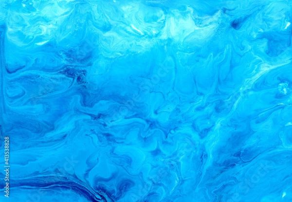 Fototapeta Abstract fluid art background. Blue, cyan and white colors mix together. Beautiful creative print. Abstract art hand paint. Original artwork. Color splashing on paper. Cosmic texture