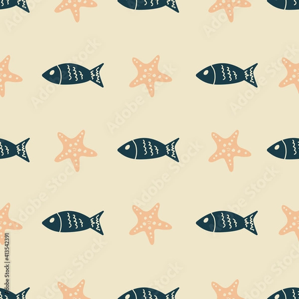 Fototapeta Blue fish and peach starfish seamless repeat pattern. Vector