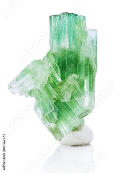 Fototapeta Extreme sharp and detailed photo of Amazing natural green Tourmaline specimen mineral closeup macro isolated on a white background. Sample of expensive rare glassy Turmaline crystal