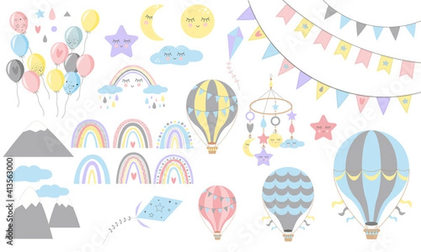 Obraz Set of rainbows with hearts, clouds, rain, air baloons, in childish scandinavian style style isolated on white background. Perfect for kids, posters, prints, cards, fabric.