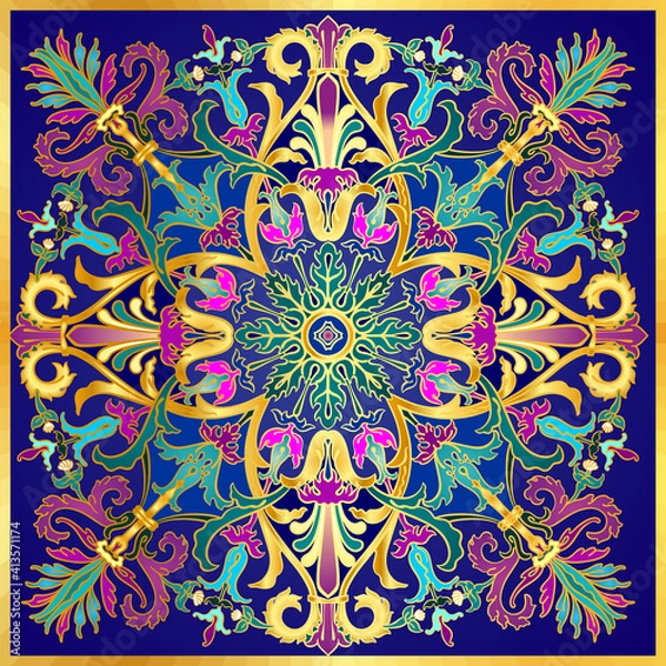 Fototapeta Colorful vector antique Roman, empire or baroque style seamless textile pattern with flowers and ornamental motifs in deep blue, green, emerald, turquoise, purple, gold colors
