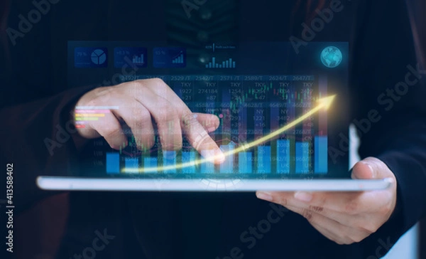 Fototapeta Businessman investment consultant analyzing company financial report balance statement working with digital augmented reality graphics. Concept for business, economy and marketing. 3D illustration.