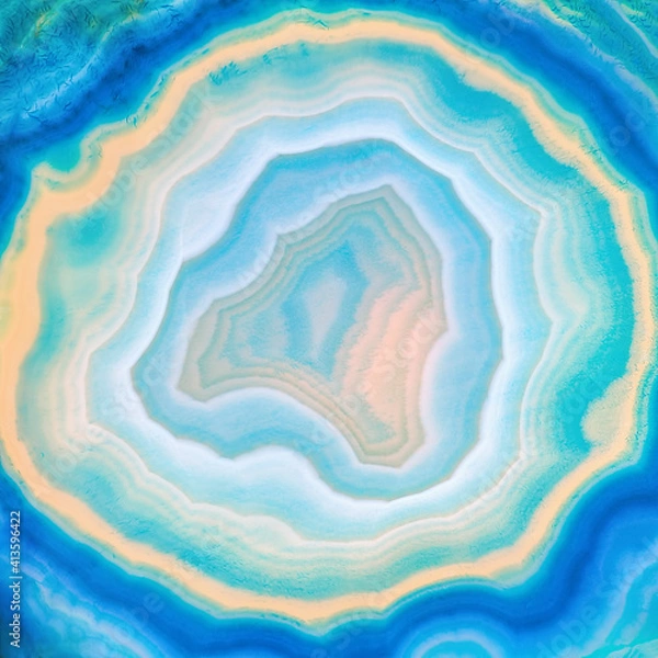 Fototapeta Amazing Blue Agate Crystal cross section as a background. Natural translucent agate crystal surface, Blue abstract structure slice mineral stone macro closeup