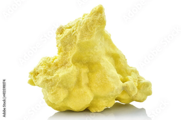 Fototapeta Extreme sharp and detailed closeup macro of natural raw piece of native Sulfur or Sulphur mineral stone isolated on white background. Chemical element with S symbol in the periodic system