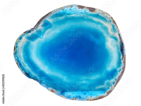 Fototapeta Amazing Blue Agate Crystal cross section isolated on white background. Natural translucent agate crystal surface, Blue abstract structure slice mineral stone macro closeup