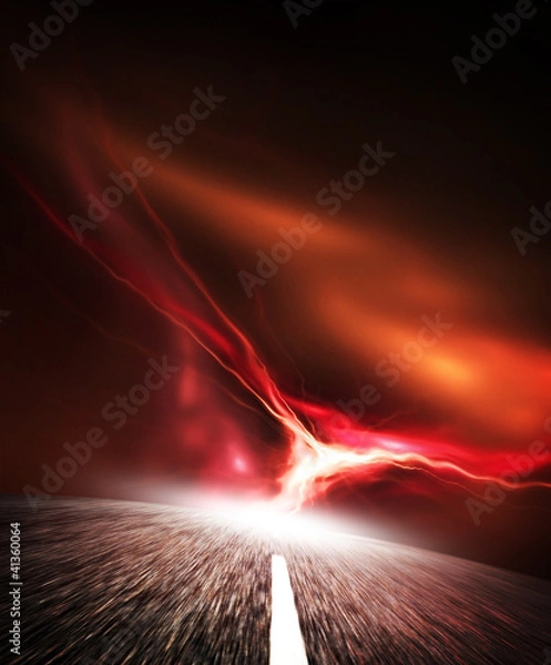 Fototapeta Night road. Sky with Flash.