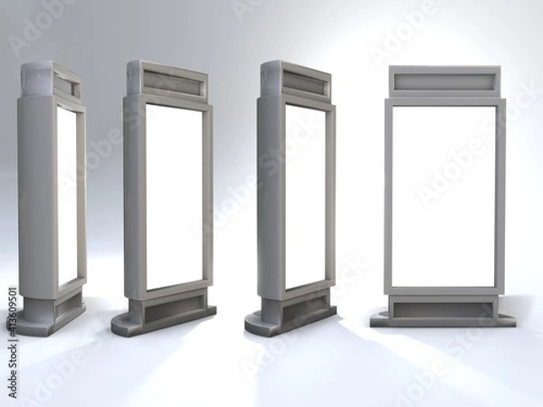 Fototapeta 3D RENDER ILLUSTRATION. Advertising stand displays media movie screen blank board.  