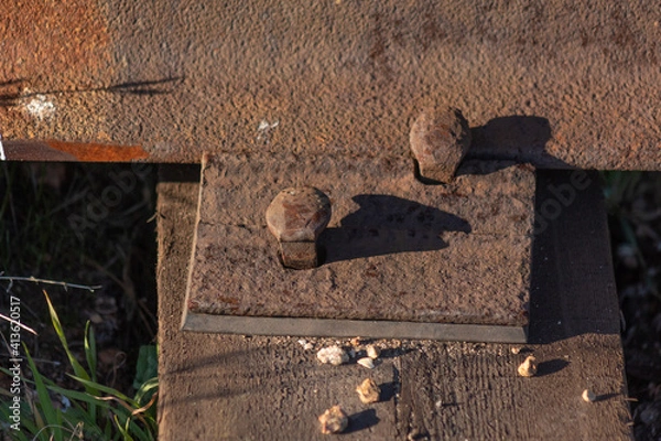 Obraz rusty metal plate on the railroad