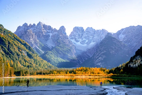 Fototapeta Mountain lake, beautiful view of the autumn mountains