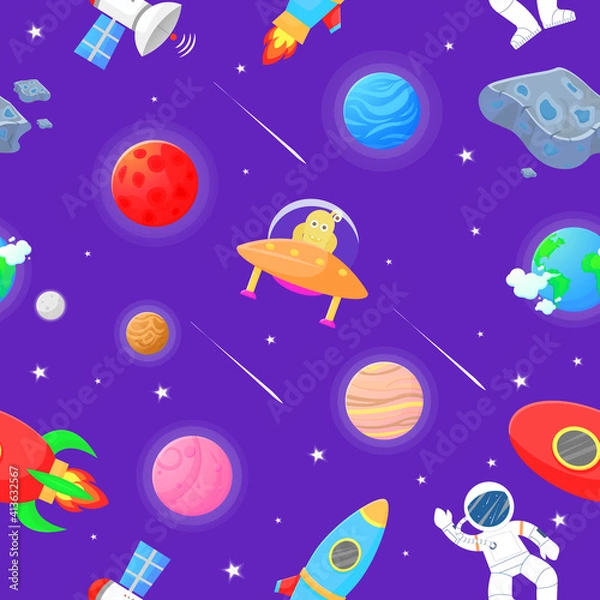 Obraz Flat cartoon style space pattern. Astronaut with