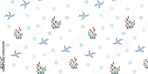 Fototapeta Spring birds and flowers seamless pattern. Seamless simple floral background with blue birds, spots, flowers. Hand drawn vector design, simple illustration for fabric, textile, wrapping, packaging