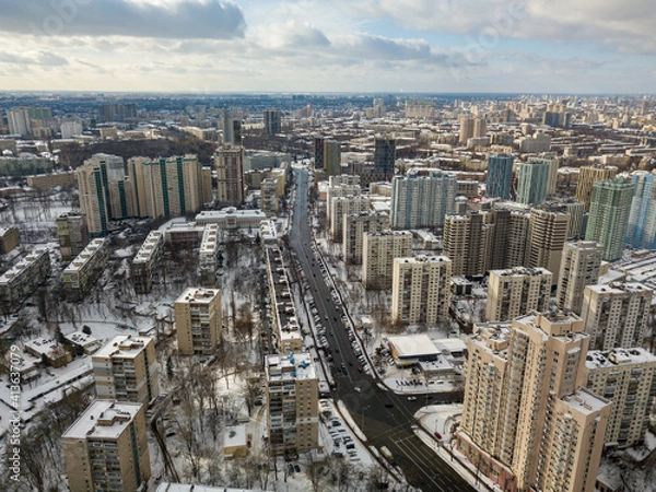 Fototapeta Snowy Kiev. Aerial drone view. Winter sunny morning.