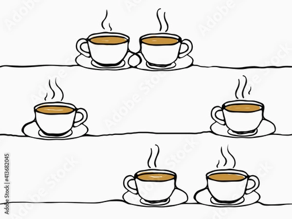 Fototapeta simple childish hand drawn continuous line art cups of coffee celebrating occasional day, season greeting seamless background, wallpaper, pattern, banner, label, texture, vector design.