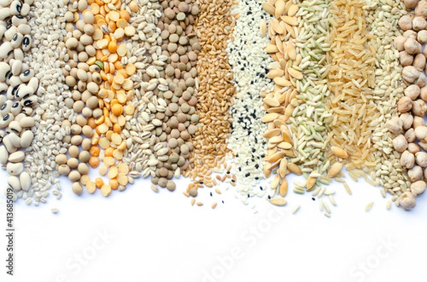 Obraz Collection of dry organic cereal and grain seed stripe consisted of black eye pea, pearl barley, soybeean, lentil, flax seed, sesame, melon and rice seeds on white background