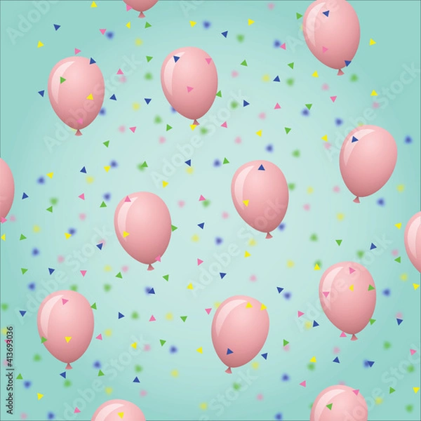Fototapeta Falling confetti over multiple pink balloons over green background