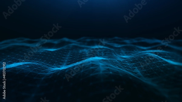 Fototapeta Abstract waves flowing, with triangle mesh of dots and lines. Big data connection, Technology digital background. 3d rendering