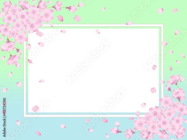 Fototapeta 桜と花びらのフレーム－背景パステルグリーンと水色のグラデーション
