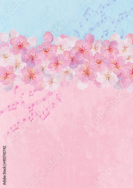 Fototapeta 音楽と桜の背景素材　和風　和柄　ソメイヨシノ　花見