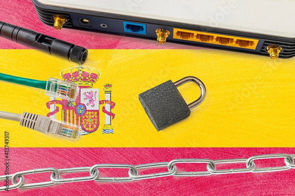 Fototapeta Spain Internet censorship and security concept. Flag in the background of the internet connection switch, wires and a lock with chain.