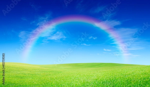 Obraz Idyllic view, rainbow over green field