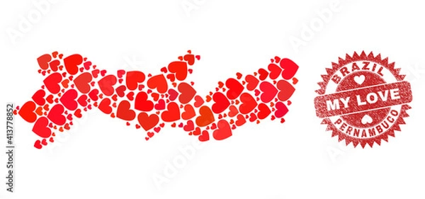Fototapeta Vector collage Pernambuco State map of love heart items and grunge My Love seal. Collage geographic Pernambuco State map constructed with love hearts.