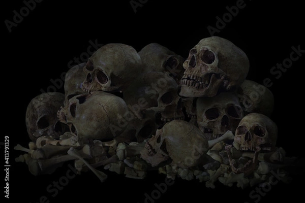 Fototapeta Still Life of Genocide, Pile of Skulls in Black background