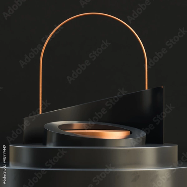 Obraz Gold circle podium for product presentation on black concrete wall background luxury style.,3d model and illustration.