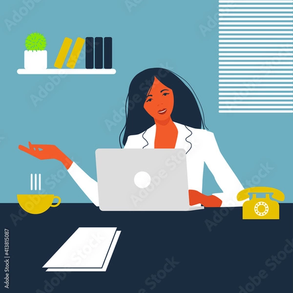 Fototapeta Girl sitting at a laptop in the workplace, flat illustration
