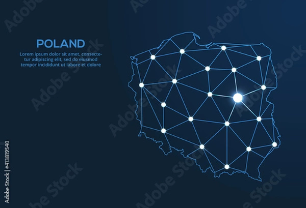 Fototapeta Poland communication network map. Vector low poly image of a global map with lights in the form of cities. Map in the form of a constellation, mute and stars