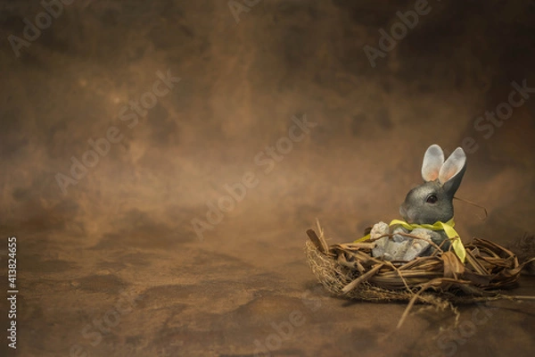 Obraz Easter bunny in nest on rustic broun background