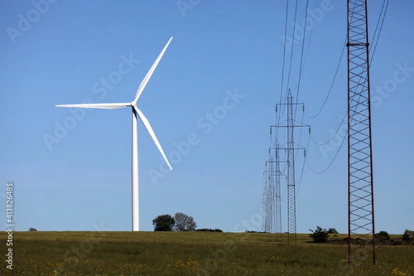 Obraz High voltage power line and a wind turbine