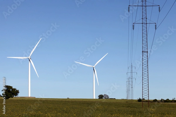 Obraz Landscape with wind turbines and high voltage power line
