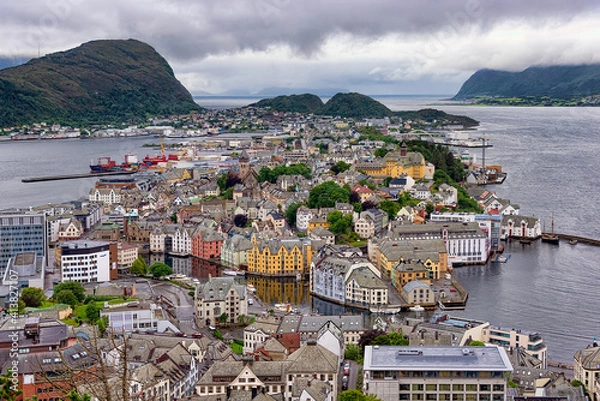Fototapeta Aerial view of Alesund town, Norway. Alesund is part of the traditional district of Sunnmore and is a sea port, noted for its unique concentration of Art Nouveau architecture
