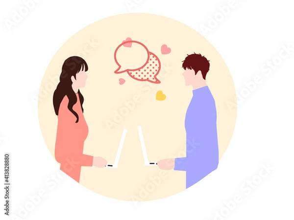 Obraz Couple communicates online on a yellow bacground, vector graphics
