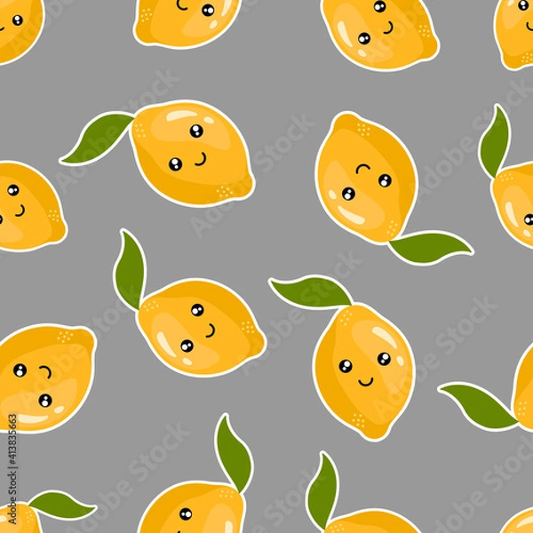 Fototapeta Flat smiling lemons with leave on a gray background. Seamless kawaii fruit pattern. Suitable for textile, wrapping paper.