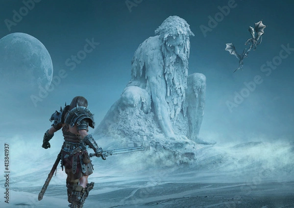 Fototapeta Epic scene chasing dragons. Image for wallpaper, epic scene, stories, music or book cover. 3d rendering, 3d illustration.