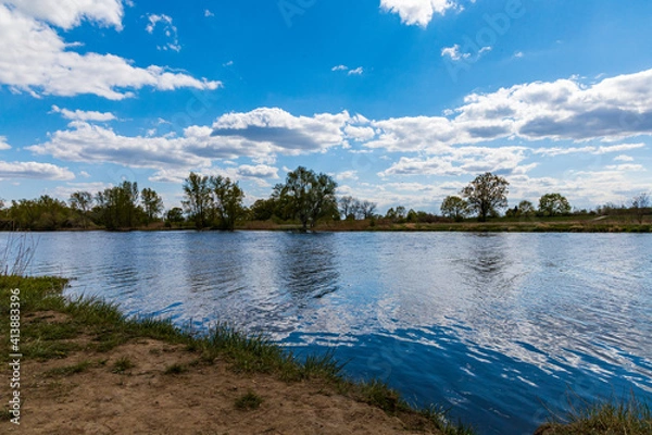 Fototapeta Landscape of Odra river with grass and bushes in front of at cloudy sunny day