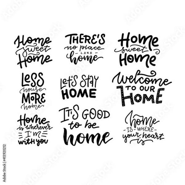 Fototapeta Home Sweet Home beautiful hand drawn lettering collecton. Set of house logo and label design elements. Vector linear typography.