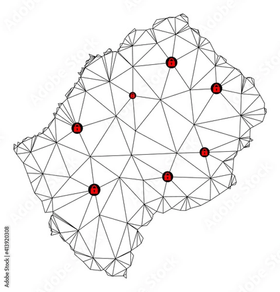 Fototapeta Polygonal mesh lockdown map of Lesotho. Abstract mesh lines and locks form map of Lesotho. Vector wire frame 2D polygonal line network in black color with red locks.