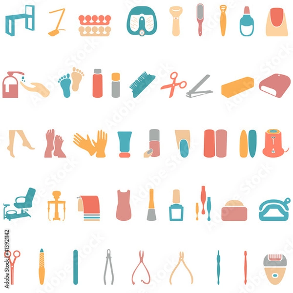 Fototapeta Manicure, pedicure tools and products color flat design vector illustration set