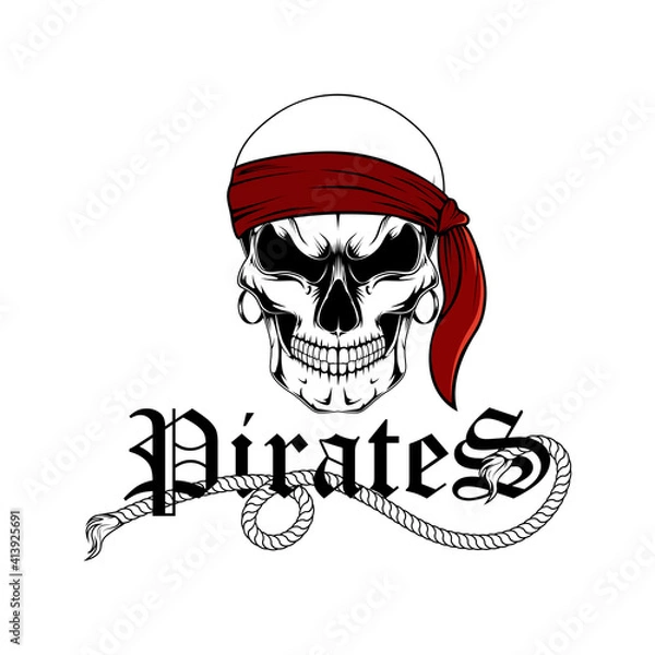 Obraz Vector image of a pirate skull with a red bandage on his head.