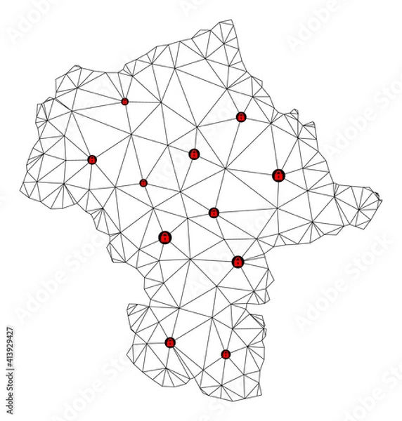 Fototapeta Polygonal mesh lockdown map of Mazovia Province. Abstract mesh lines and locks form map of Mazovia Province. Vector wire frame 2D polygonal line network in black color with red locks.